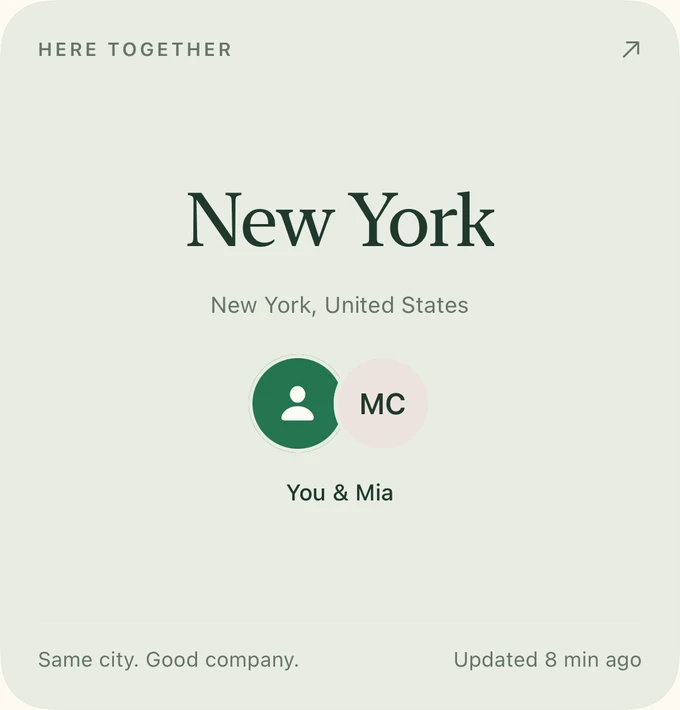 Preview of the new Here together widget showing you and Mia in New York.