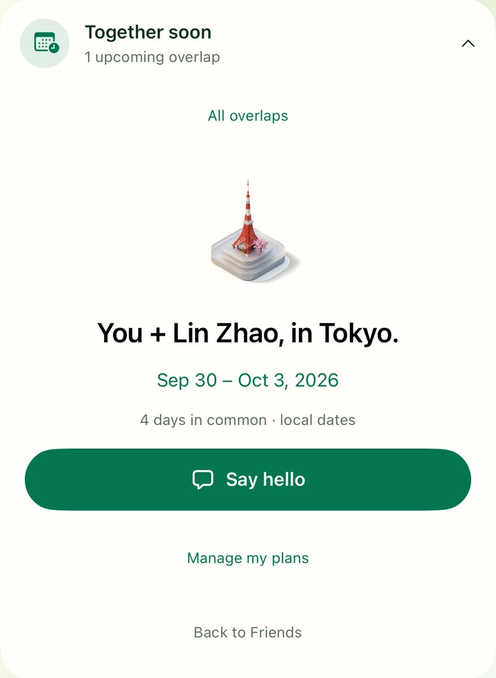 Together soon shows four days that you and Lin will both be in Tokyo.